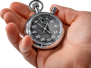 Timing is everything: A detailed view showcases a stopwatch in the embrace of a hand, the chrome surface and the precise face highlighted in this close-up shot.