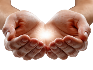 Open Hands Receiving: A symbol of offering and care, featuring hands cupped together, with a brilliant light radiating within. Signifying nurturing, generosity, and support. 