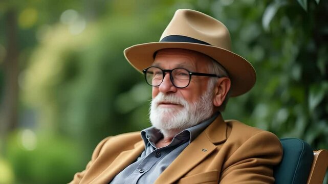 Portrait of handsome senior man with white beard in fedora hat and glasses smiling outdoors