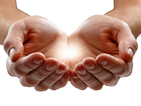 Open Hands Receiving: A symbol of offering and care, featuring hands cupped together, with a brilliant light radiating within. Signifying nurturing, generosity, and support. 