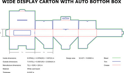 Vector illustration of wide display carton with auto bottom box dimensions and blueprint