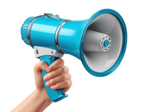 Blue Megaphone Announcement: A hand holds a vibrant blue megaphone, ready to make an announcement. The megaphone is angled slightly towards the viewer, emphasizing its message-delivering function. 