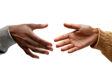 Reaching Out: Two hands, one light and one dark, reach towards each other, symbolizing connection, collaboration, and understanding.