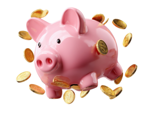 Piggy Bank Savings: A charming, pink piggy bank is surrounded by a shower of gold coins, symbolizing financial growth and prudent saving habits. Perfect for illustrations about money management.