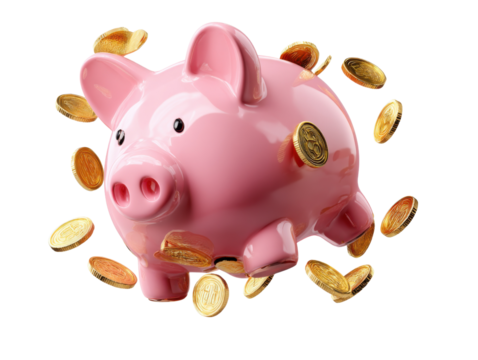 Piggy Bank Savings: A charming, pink piggy bank is surrounded by a shower of gold coins, symbolizing financial growth and prudent saving habits. Perfect for illustrations about money management.
