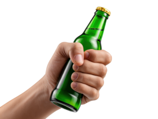 A Hand Holding a Green Beer Bottle: Close-up of a hand firmly holding a chilled green beer bottle, with condensation beads shimmering against the light, symbolizing refreshment and leisure.
