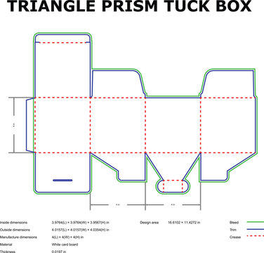 Detailed blueprint of a triangle prism tuck box packaging for product design and manufacturing