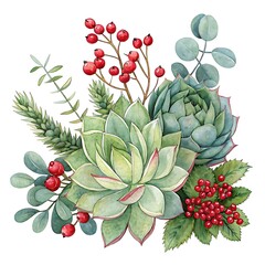 Fototapeta premium Watercolor Succulent Bouquet with Red Berries white background