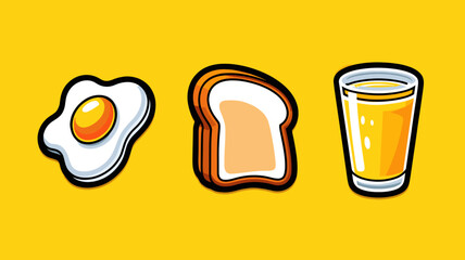 Cartoon style breakfast with egg, slice of bread, and a tall glass of orange juice on a bright yellow background