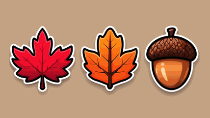 Cartoon maple leaves in red and orange with brown acorn presenting the arrival of autumn and the changing of seasons