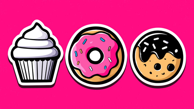 Cartoonish cupcake and donuts illustrations displayed against a bright pink backdrop in the style of stickers - Powered by Adobe