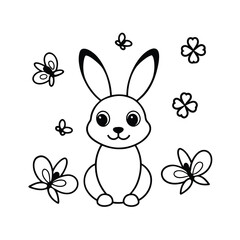 easter bunny with eggs flowers and butterflies coloring page 