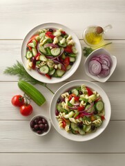 Overhead shot of two bowls of pasta salad with fresh vegetables and olive oil on a white wooden table