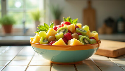 Fruit salad with pineapple, grapes, and kiwi, arranged in colorful bowl, on tiled kitchen counter in sunny home