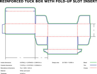 Detailed diagram of a reinforced tuck box with a fold-up slot insert packaging design