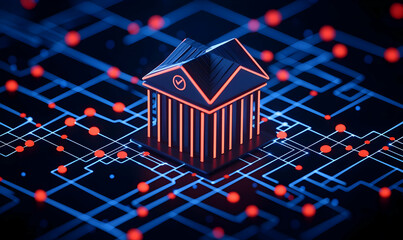 Fototapeta premium Digital Bank Concept with Neon Elements on Circuit Board Background