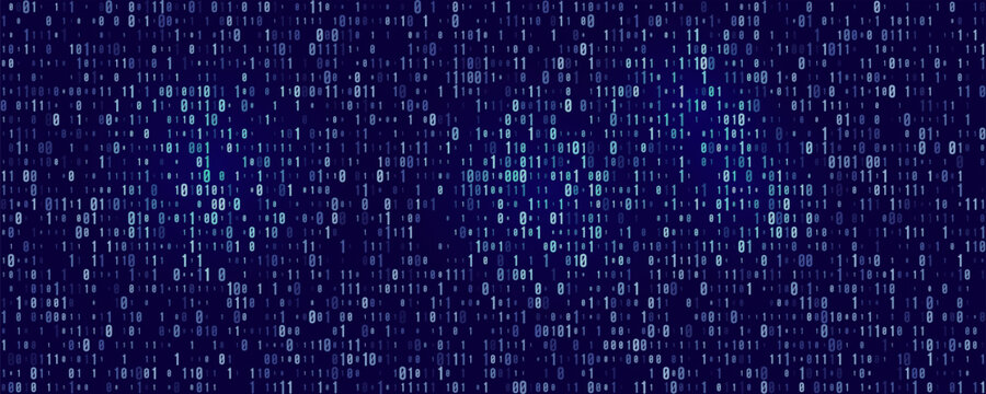Binary code dark blue background. Vector Illustration. Digital Data Technology. 1 0 Machine Code. Random Binary Data Matrix Wide. For Coding or Hacker concept. Software Programming Code Background