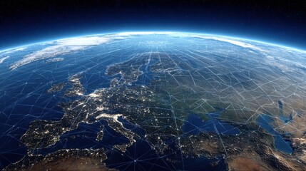 Earth View from Space Europe and Asia Network Connection Digital Grid Communication Technology Satellite Perspective