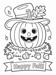 Smiling Pumpkin Wearing a Tiny Hat – Autumn Theme Coloring Page