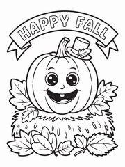 Smiling Pumpkin Wearing a Tiny Hat – Autumn Theme Coloring Page