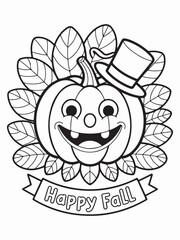 Smiling Pumpkin Wearing a Tiny Hat – Autumn Theme Coloring Page
