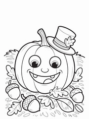Smiling Pumpkin Wearing a Tiny Hat – Autumn Theme Coloring Page