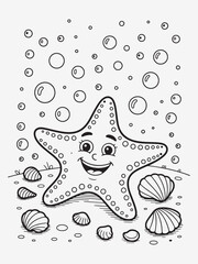 Smiling Starfish with Tiny Seashells and Bubbles Coloring Page