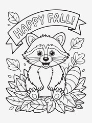 Laughing Raccoon with Striped Tail and Leaves Coloring Page