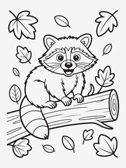Laughing Raccoon with Striped Tail and Leaves Coloring Page