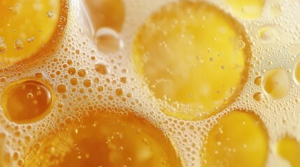 Close-up macro shot of refreshing beer with bubbles and foam