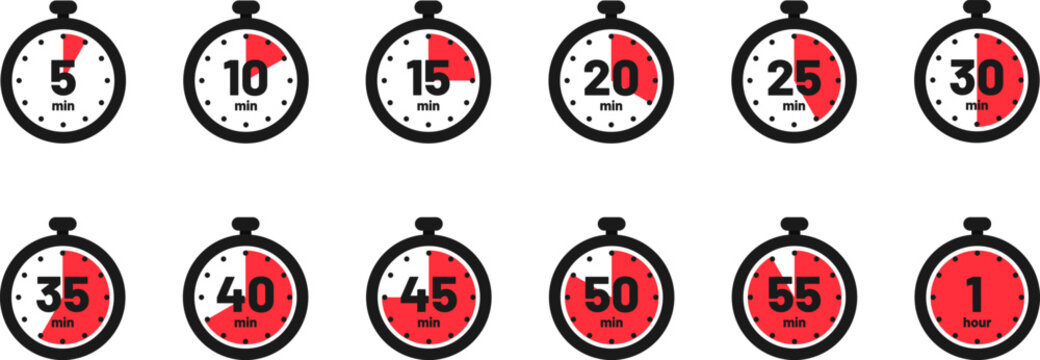 Set of timer clock faces and stopwatch icons. The countdown timer displays hours and minutes. Stopwatch shows intervals ranging from 5 to 60 minutes. Kitchen timer icon with minutes. Vector