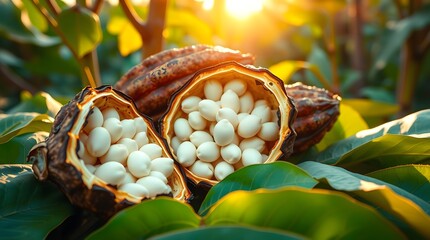 a fresh cocoa pod on a tree branch reveal raw white cocoa beans amidst green foliage. Food concept