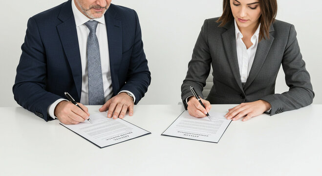 Businesspeople signing contracts at stark white desk