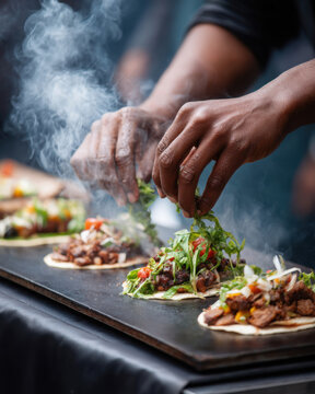 Close-up of a chef preparing delicious tacos with fresh ingredients and steaming aroma for a food festival