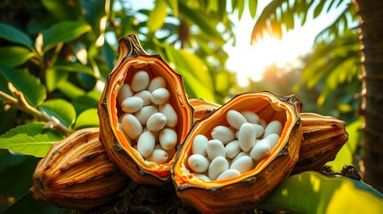 a fresh cocoa pod on a tree branch reveal raw white cocoa beans amidst green foliage. Food concept