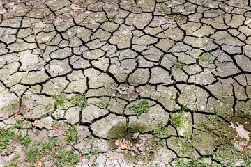 The background of the soil beneath the reservoir that has dried up in the summer has caused the ground to crack apart from the heat, creating strange patterned cracks and Copy Space for text.