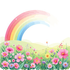 Naklejka premium Vsai bright rainbow appearing over rolling hills covered with colorful flowers