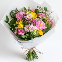 Spring bouquet of mixed flowers in pinks, yellows, and whites, wrapped in crisp white paper