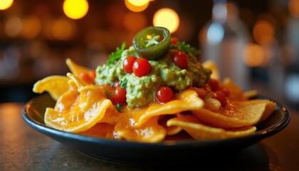 Plate of cheesy nachos with guacamole, salsa, and jalapeños, in bar