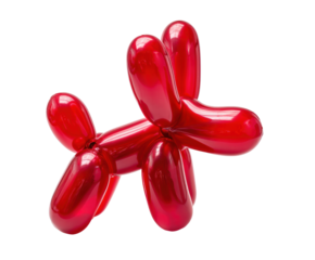 Red balloon dog sculpture for playful decoration in celebration, cut out transparent