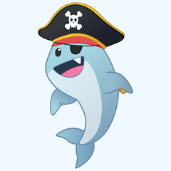 Cute pirate shark illustration, funny and happy shark, pirate captain shark vector