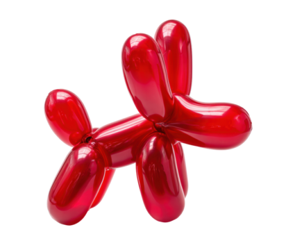 Red balloon dog sculpture for playful decoration in celebration, cut out transparent
