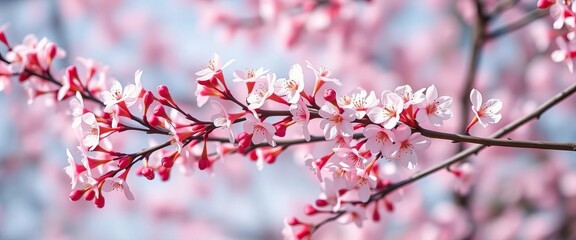 Obraz premium Delicate pink sakura branches on spring backgrounds, ample copy space, artwork, cosmetics