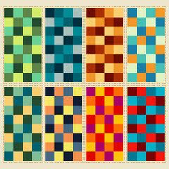 Collection of colorful checkered patterns. Set of retro seamless patterns. Geometric in green, yellow, red, blue.