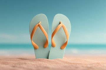 A pair of bright pastel flip-flops stand upright on a sandy beach, set against a calm ocean and clear sky. 