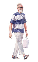 Hand-Painted Watercolor of Hipster Bearded Man Walking with Shopping Bag, Isolated on White or Transparent Background	
