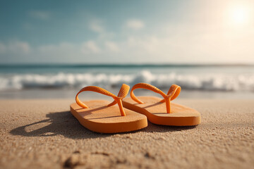 A pair of bright pastel flip-flops stand upright on a sandy beach, set against a calm ocean and clear sky. 