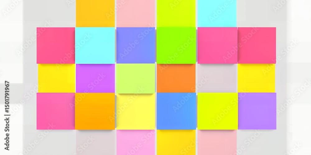 Poster a colorful array of square tiles arranged in a grid pattern on a white and gray background