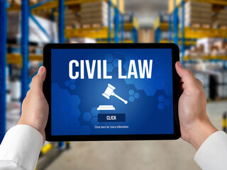Civil law brisk information showing on computer screen for Common Justice Legal Regulation Rights...