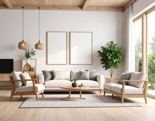 Fototapeta premium Bright living room with wooden accents neutral tones and natural light (1)